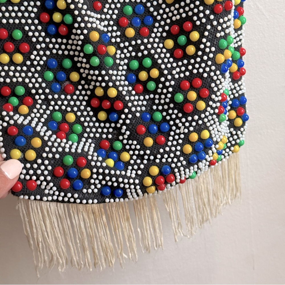 Beaded Fringe Bag Black Colorful Beads Vintage Vibes 60s 70s Boho-Inspired - Picture 2 of 9